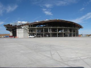 A view of the Spaceport America terminal building under construction. The new commercial spaceport is rising out of the American southwestern desert near Las Cruces, NM, during its runway dedication ceremony on Oct. 22, 2010.