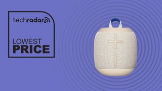 Ultimate Ears Wonderboom 4 on violet background with the words 'TechRadar: lowest price' positioned on the left