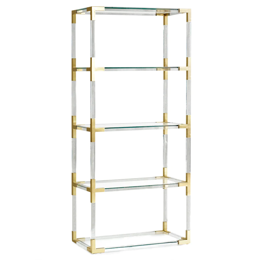 bookshelf with glass shelves and gold accents
