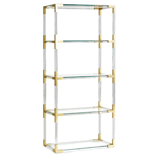 bookshelf with glass shelves and gold accents