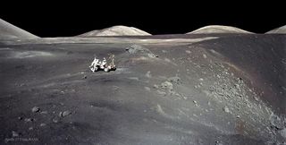 This high-resolution image, taken by Apollo 17 astronaut Eugene Cernan, shows geologist and astronaut Harrison Schmitt with the lunar rover at the edge of Shorty Crater. The mission was sent to the geologically complex Taurus-Littrow Valley, where Schmitt collected orange soils, titanium-enriched basalts and ejecta thrown from the young crater Tycho, located 1,250 miles (2,000 kilometers) to the southwest.