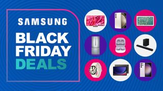 Assorted Samsung products on bluebackground with black friday deals text overlay