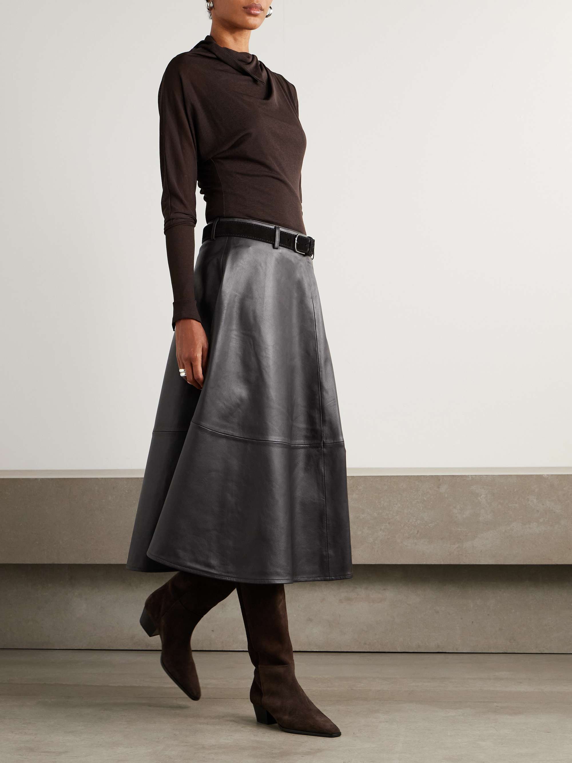 Savil Paneled Leather Midi Skirt