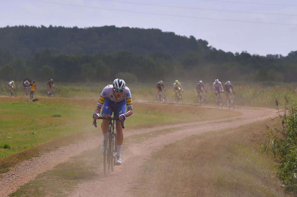 DIEST BELGIUM AUGUST 15 Jannik Steimle of Germany and Team Deceuninck QuickStep Dust Gravel Strokes during the 17th Dwars door het Hageland 2020 a 187km race from Aarschot to Diest DwarsdhHageland DDHH20 on August 15 2020 in Diest Belgium Photo by Luc ClaessenGetty Images