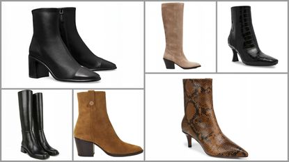 product collage of Tory Burch Cap-Toe 70MM Leather Ankle Boots, Franco Sarto Anna Pointed Toe Booties, Maje Suede Boots, Steve Madden Tara Taupe Suede Boots, Anne Klein Pablo Boots, Franco Sarto Women&#039;s Giselle Square Toe Knee High Boots on white background with grey border