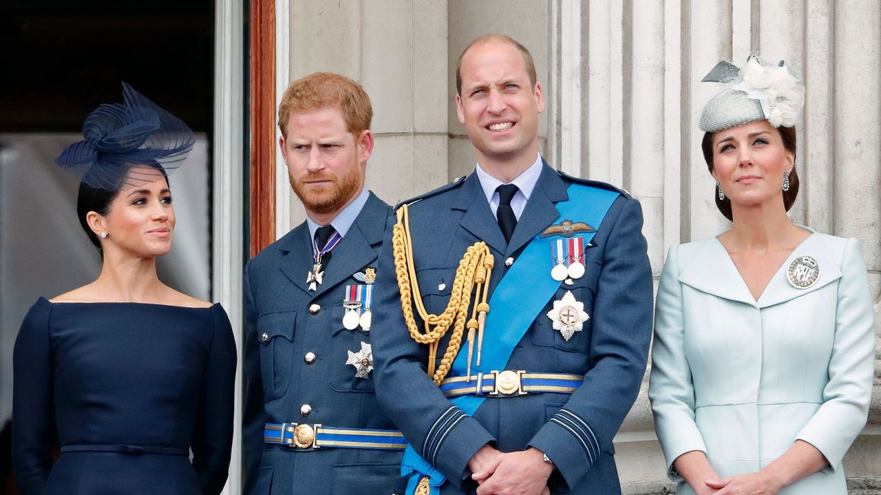 london, united kingdom july 10 embargoed for publication in uk newspapers until 24 hours after create date and time meghan, duchess of sussex, prince harry, duke of sussex, prince william, duke of cambridge and catherine, duchess of cambridge watch a flypast to mark the centenary of the royal air force from the balcony of buckingham palace on july 10, 2018 in london, england the 100th birthday of the raf, which was founded on on 1 april 1918, was marked with a centenary parade with the presentation of a new queen&#039;s colour and flypast of 100 aircraft over buckingham palace photo by max mumbyindigogetty images