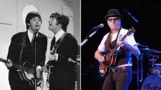 Paul McCartney and John Lennon sing into a microphone. New York, August 14, 1965. Will Lee of The Fab Faux perform at The State Theatre in New Brunswick New Jersey November 17 2007