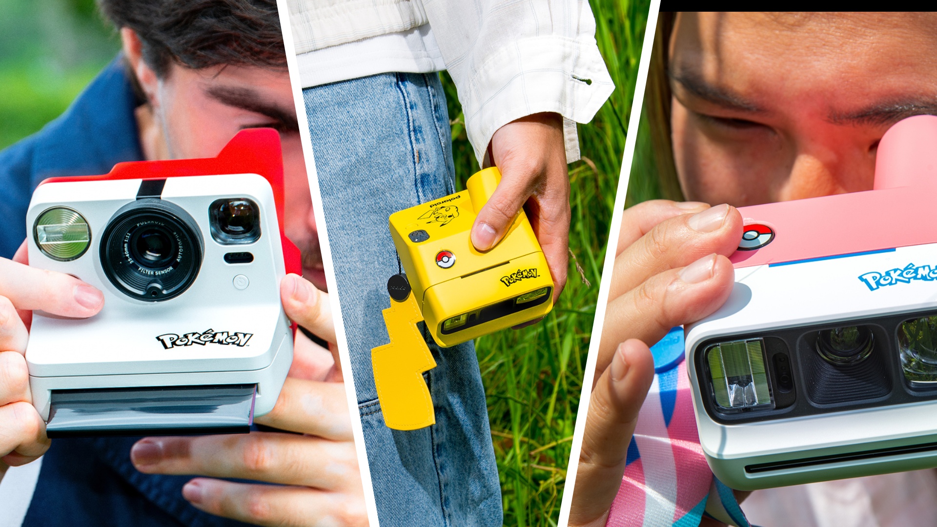 Three-way split image showing Poke Ball themed Polaroid Now camera, Pikachu-themed Polaroid Go camera and Sylveon themed Polaroid Go Camera