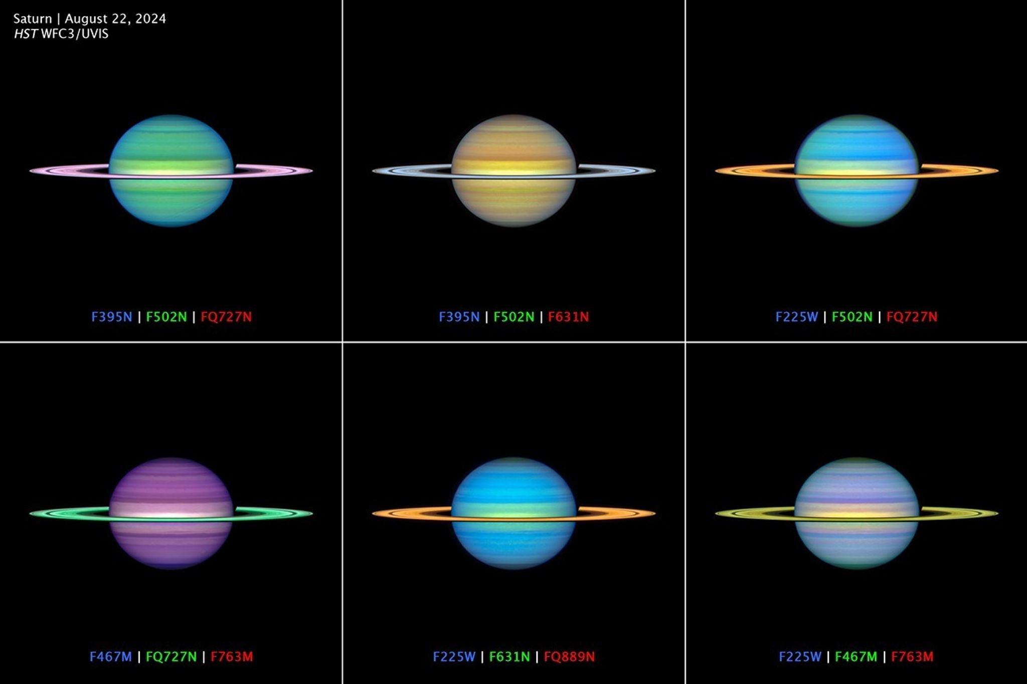 Six pseudocolor images of Saturn stacked in two rows.