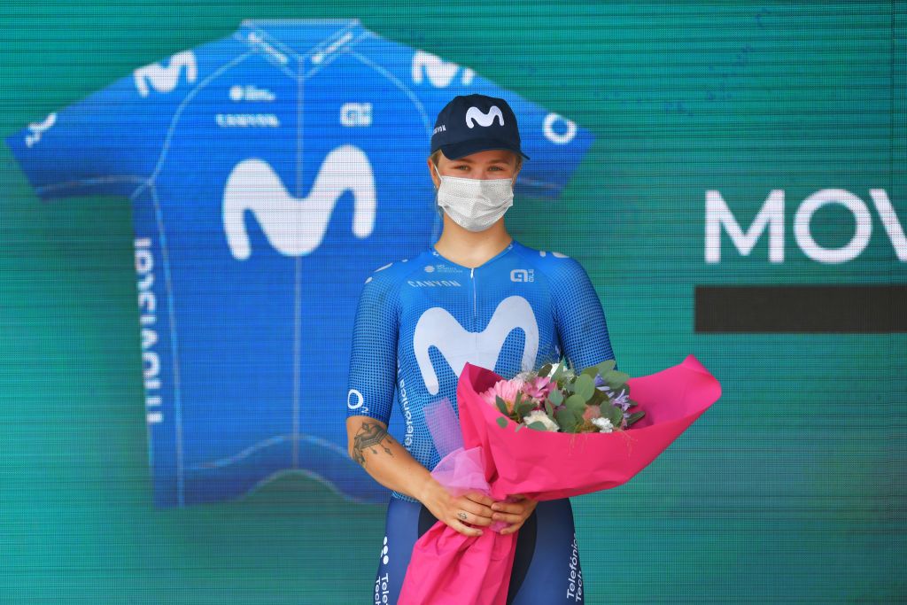 CARUGATE ITALY JULY 06 Emma Norsgaard Jorgensen of Denmark and Movistar Team 2nd place celebrates at podium during the 32nd Giro dItalia Internazionale Femminile 2021 Stage 5 a 1201km stage from Milano to Carugate GiroDonne UCIWWT on July 06 2021 in Carugate Italy Photo by Luc ClaessenGetty Images