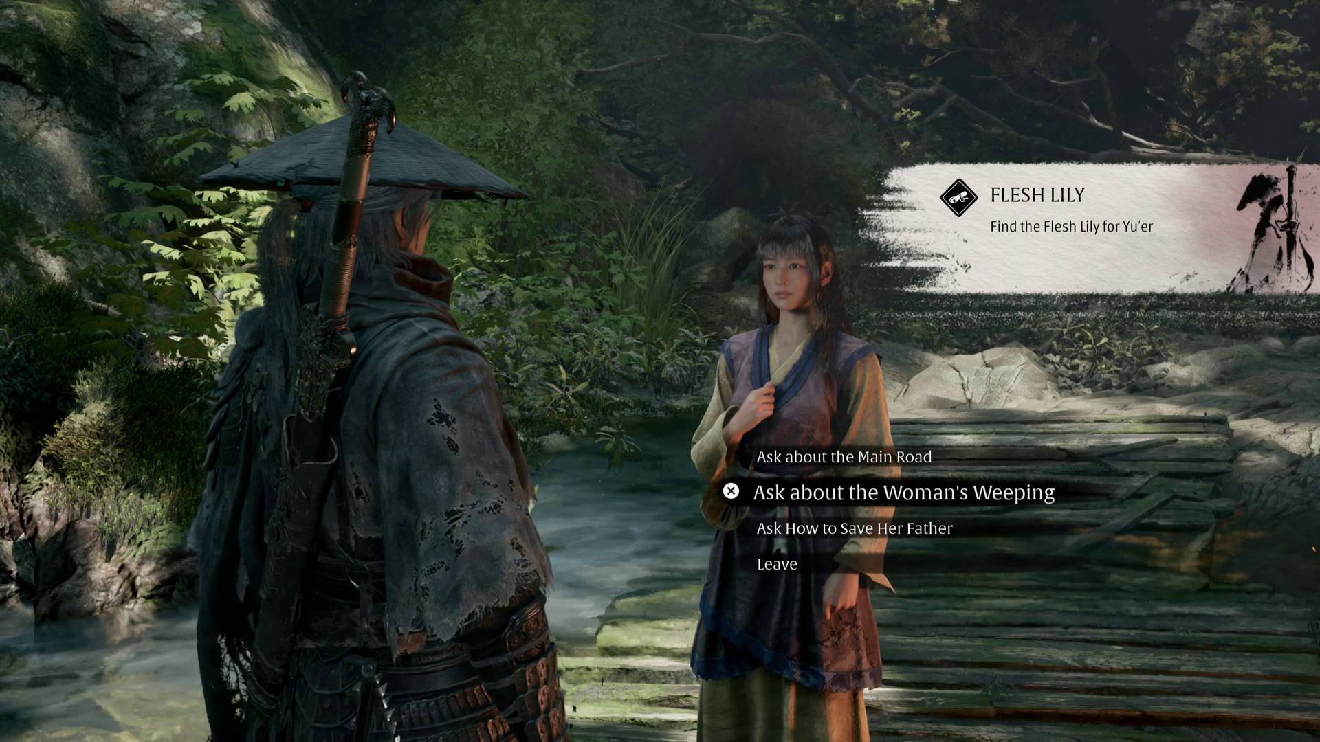 Phantom Blade Zero Soul talking to Yu'er with three options to ask about the road, weeping, and her father