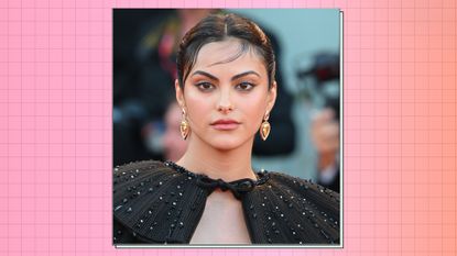 Camila Mendes pictured wearing a black dress and gold earrings at the "Bones And All" red carpet at the 79th Venice International Film Festival on September 02, 2022 in Venice, Italy./ in a pink and orange template
