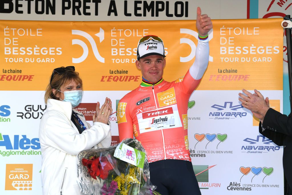 BELLEGARDESURVALSERINE FRANCE FEBRUARY 02 Mad Pedersen of Denmark and Team Trek Segafredo celebrates at podium as sprint jersey winner after the 52nd toile De Bessges Tour Du Gard 2022 Stage 1 a 1608km stage from Bellegarde to Bellegarde 161m EtoiledeBesseges EDB2022 on February 02 2022 in BellegardesurValserine France Photo by Luc ClaessenGetty Images