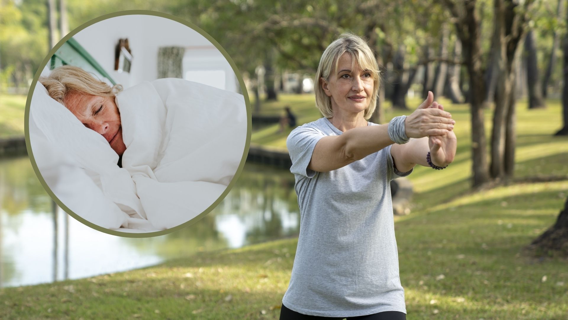 A menopausal woman practices Tai Chi. A circular frame features a woman sleeping above her. 