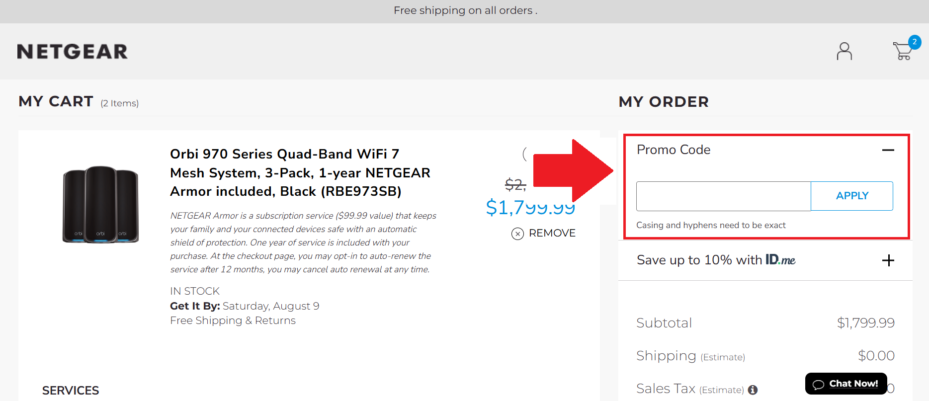 A screenshot showing the Netgear checkout page and where to enter your Netgear coupon code