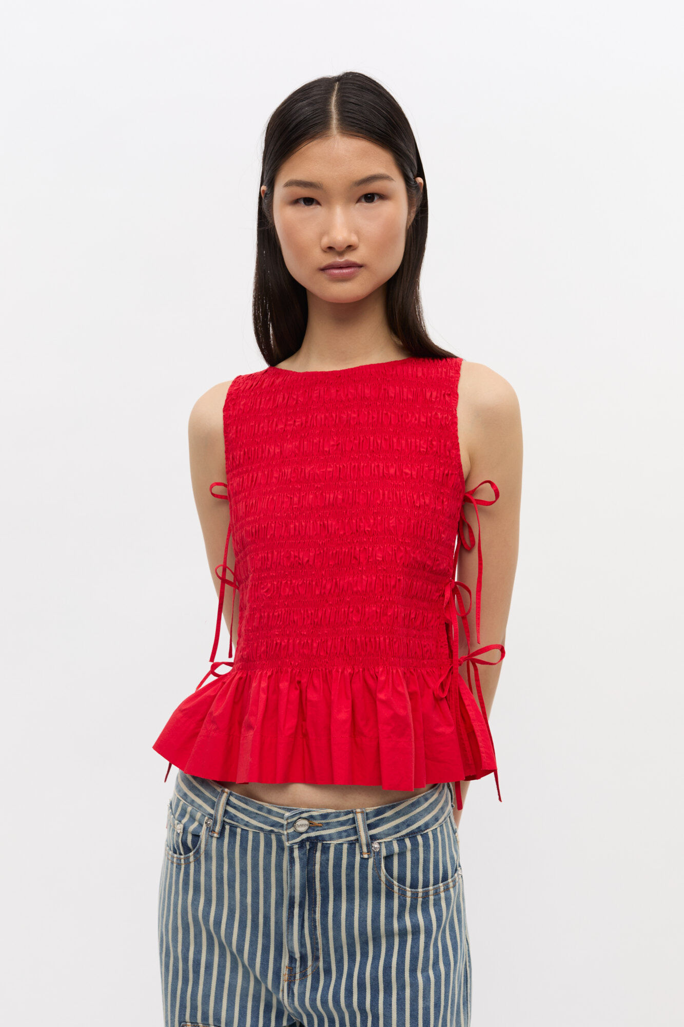 Ganni, Red Cotton Smock Tie Top