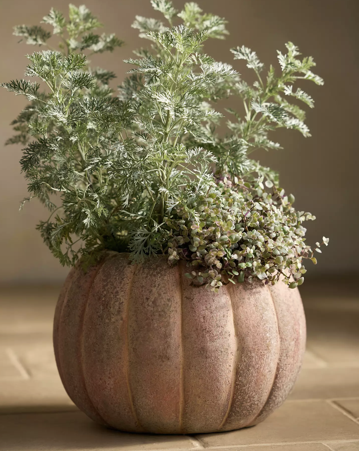 A planter shaped like a pumpkin with plants growing in it