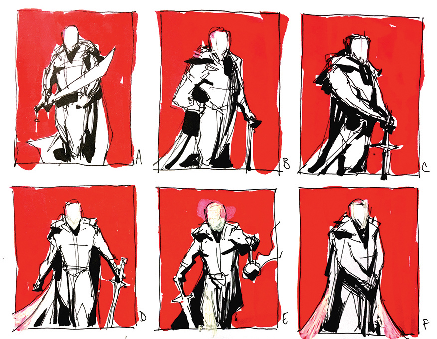 Red and white grid with a character shown in six poses