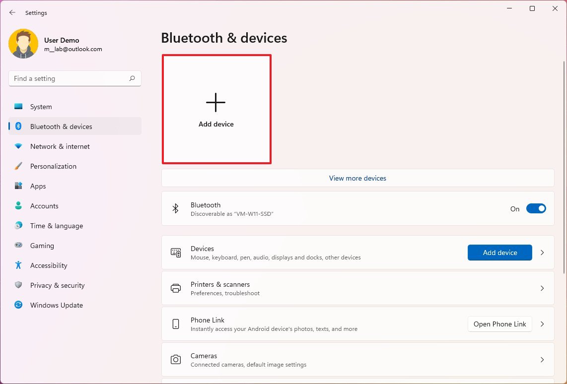Опция добавления устройства Bluetooth