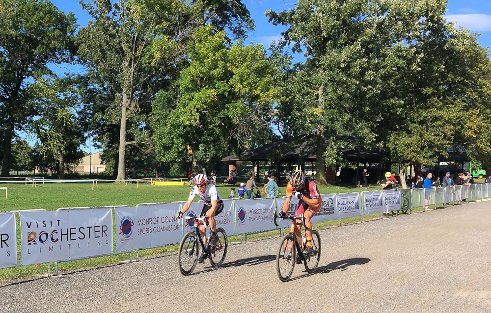 Stephen Hyde and Rob Peeters take the bell lap together at Rochester Cyclocross