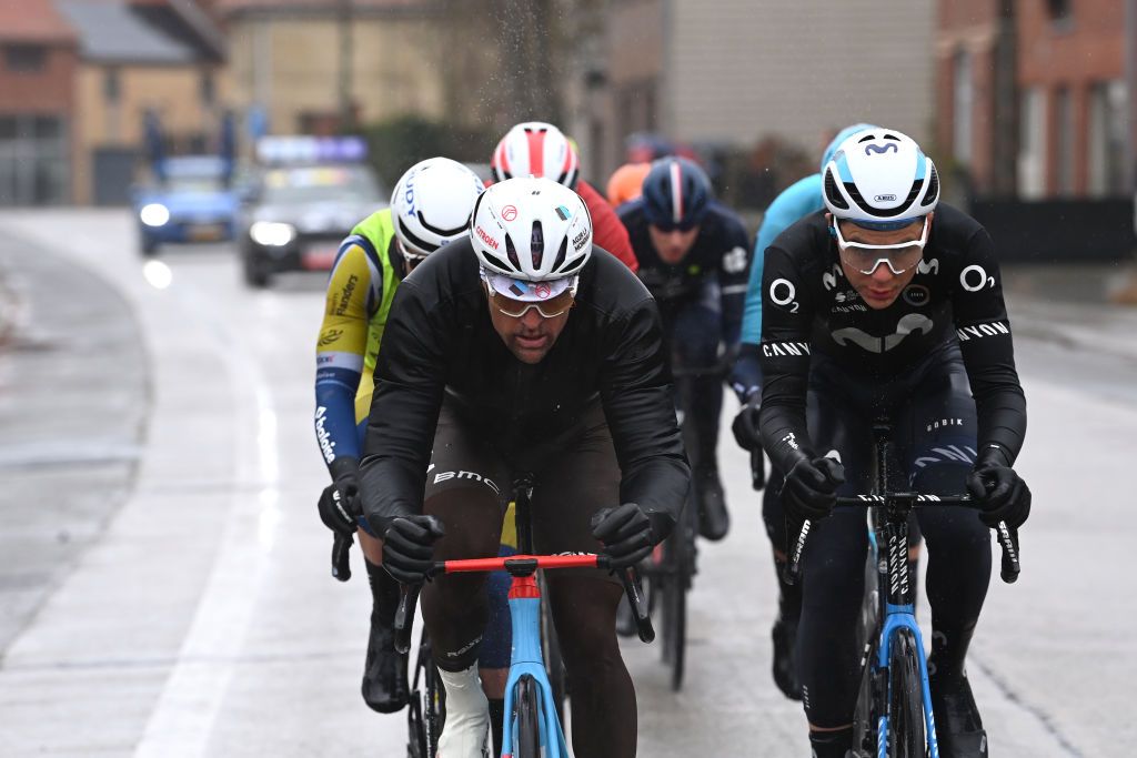 WEVELGEM BELGIUM MARCH 26 LR Greg Van Avermaet of Belgium and AG2R Citron Team and Johan Jacobs of Switzerland and Movistar Team compete in the breakaway during the 85th GentWevelgem in Flanders Fields 2023 Mens Elite a 2609km one day race from Ypres to Wevelgem UCIWT on March 26 2023 in Wevelgem Belgium Photo by Tim de WaeleGetty Images
