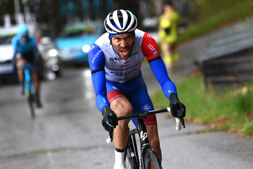 LIENZ AUSTRIA APRIL 22 Thibaut Pinot of France and Team Groupama FDJ attacks in the breakaway during the 45th Tour of the Alps 2022 Stage 5 a 1145km stage from Lienz to Lienz TouroftheAlps on April 22 2022 in Lienz Austria Photo by Tim de WaeleGetty Images