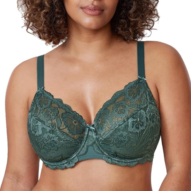 Delimira, Delimira Women's Full Coverage Non-Foam Floral Lace Plus Size Underwired Bra Midnight Emerald 32g