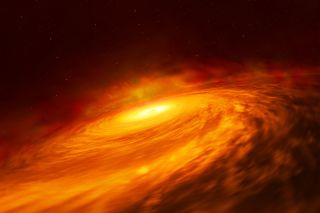 An artist's rendering of the accretion disk around the supermassive black hole at the core of the spiral galaxy NGC 3147.