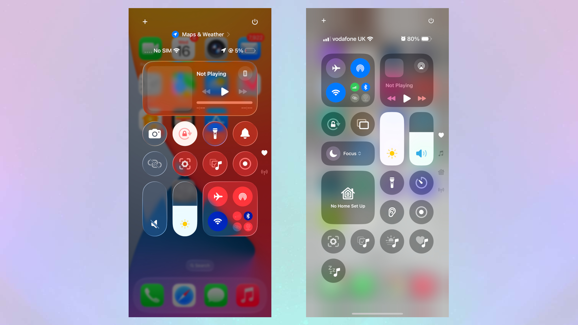 difference between the control center for iOS 26(left) and iOS 18 (right)