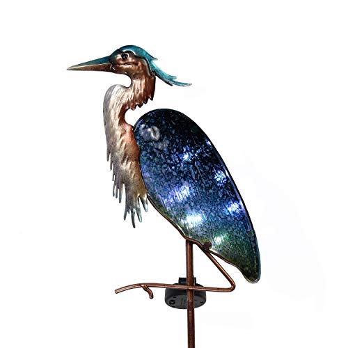 Teresa's Collections Blue Heron Garden Decor for Outside, Glass Solar Lighted Lawn Ornament for Yard Art, Weatherproof Decorative Sculpture for Patio Outdoor, 39 Inch