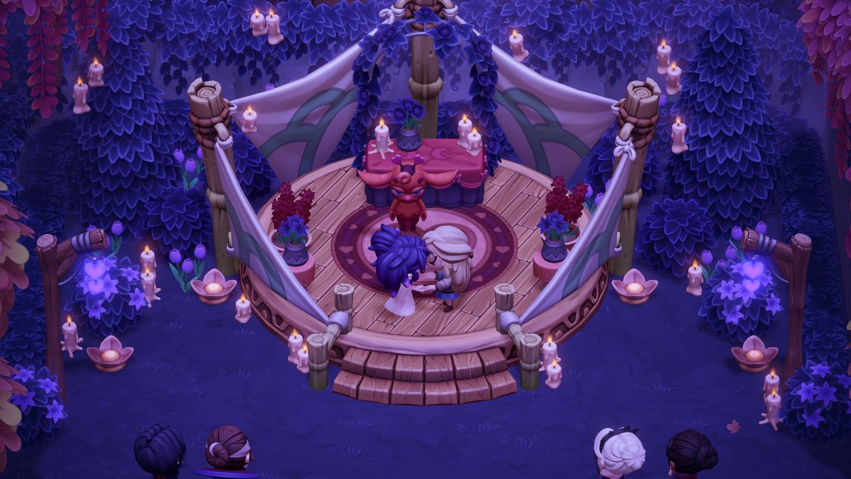 Moonlight Peaks - Mina and the main character hold hands and kiss at a wedding altar