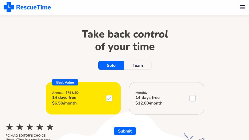 RescueTime website screenshot (August 2025).