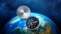 an illustration of a compass in outer space