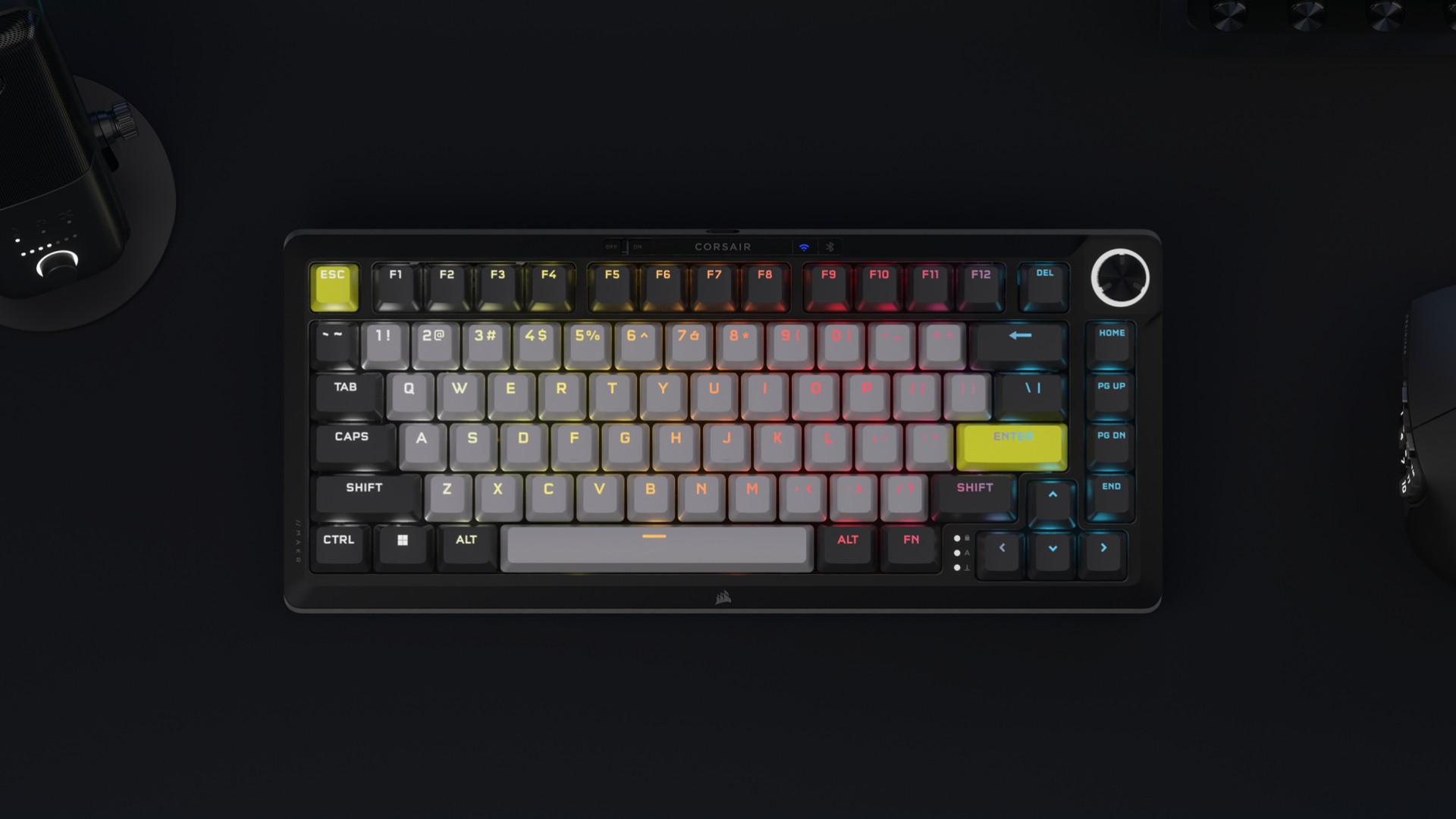 Corsair MAKR 75 gaming keyboard with RGB lighting on a dark surface