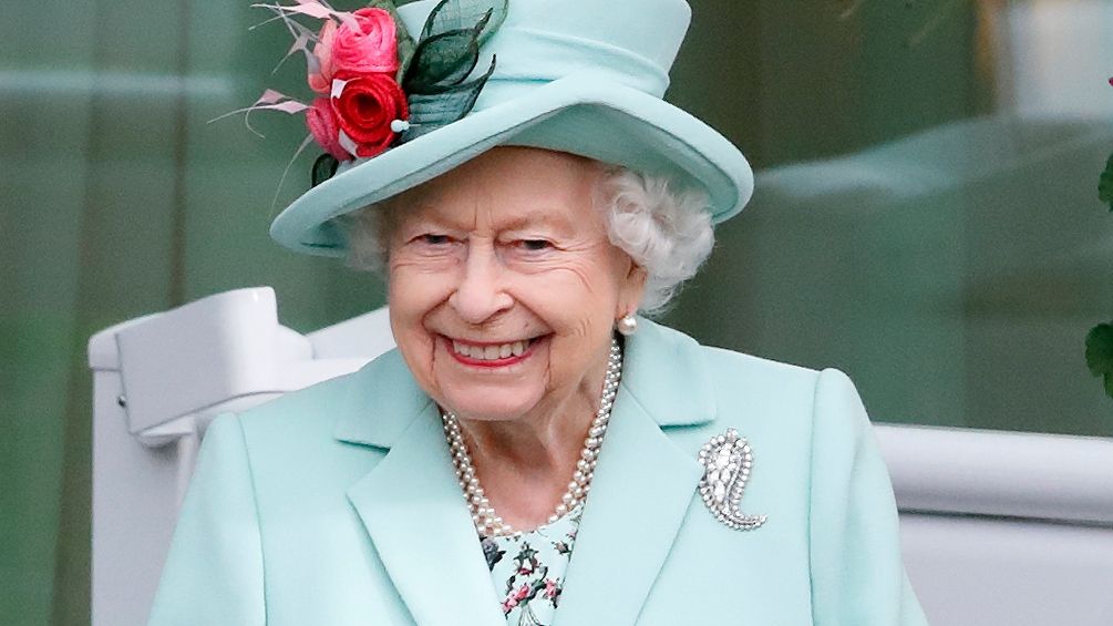 Queen Elizabeth II smiles as she attends day 5 of Royal Ascot at Ascot Racecourse on June 19, 2021 
