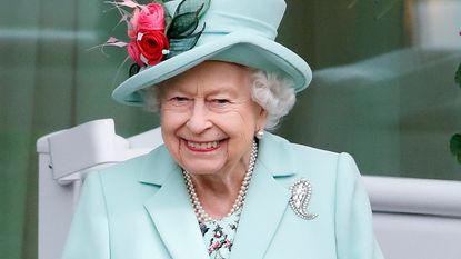Queen Elizabeth II smiles as she attends day 5 of Royal Ascot at Ascot Racecourse on June 19, 2021 