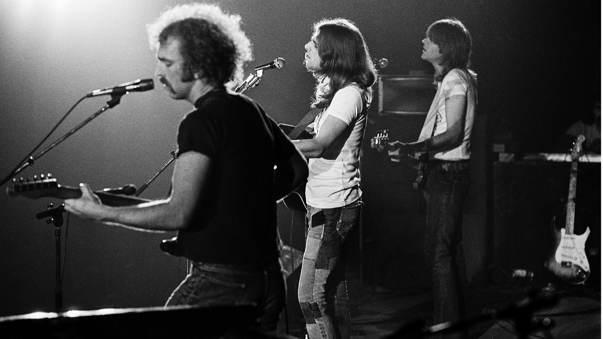 The Eagles perform on stage at the Concertgebouw, Amsterdam, Netherlands, 1972. L-R Bernie Leadon, Glenn Frey, Randy Meisner.