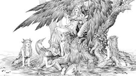 Black and white illustration of a fairytale scene with a modern twist