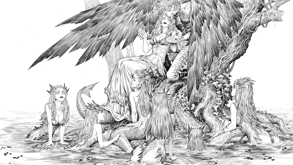 Black and white illustration of a fairytale scene with a modern twist