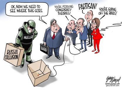 Political Cartoon U.S. William Barr Russia collusion investigation