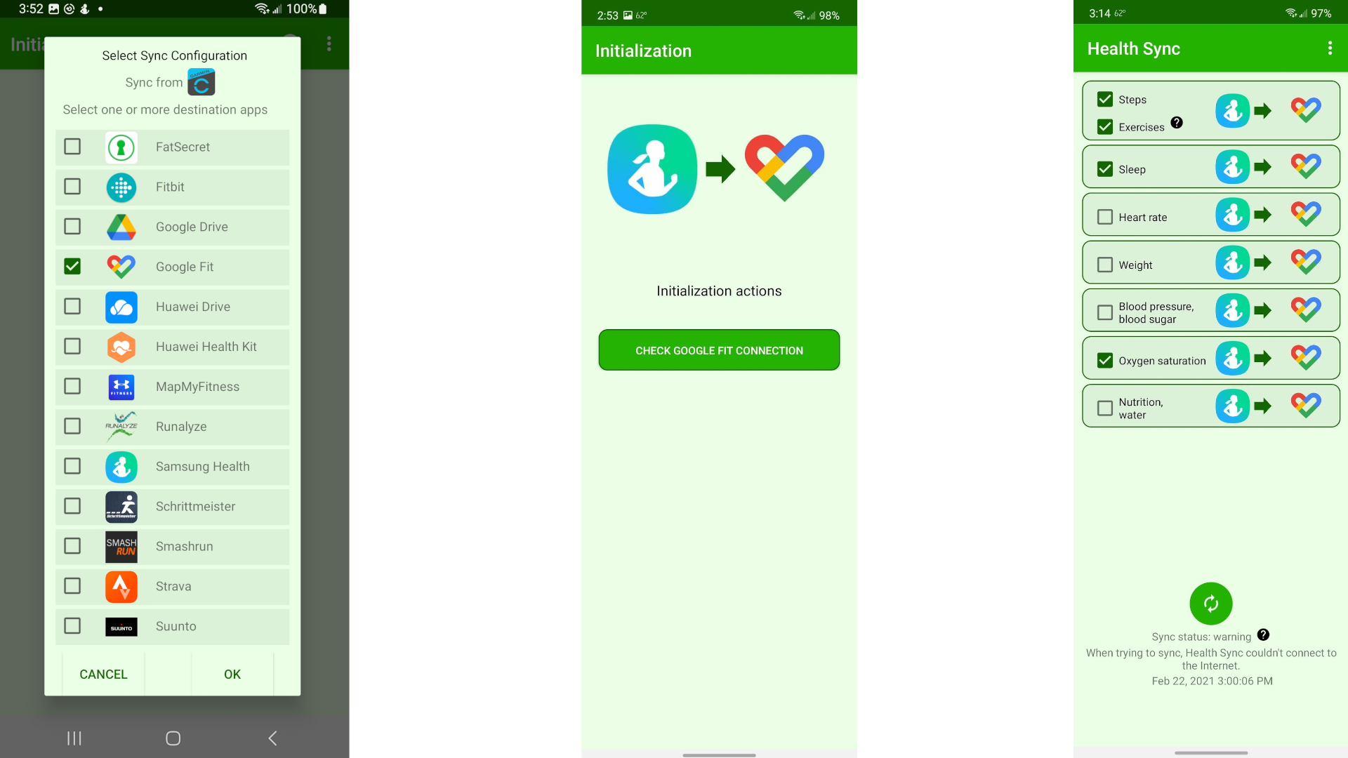 Health Sync app screenshots showing how to sync another app to Google Fit