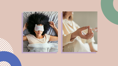 image of woman wearing eye mask and image of woman meditation on peach background 