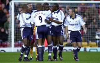 Tottenham palayers celebrate Ledley King record breaking goal scored in the first minute