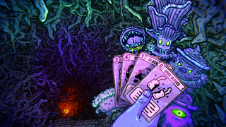 A cartoonish hand wielding cards in a fungal world.