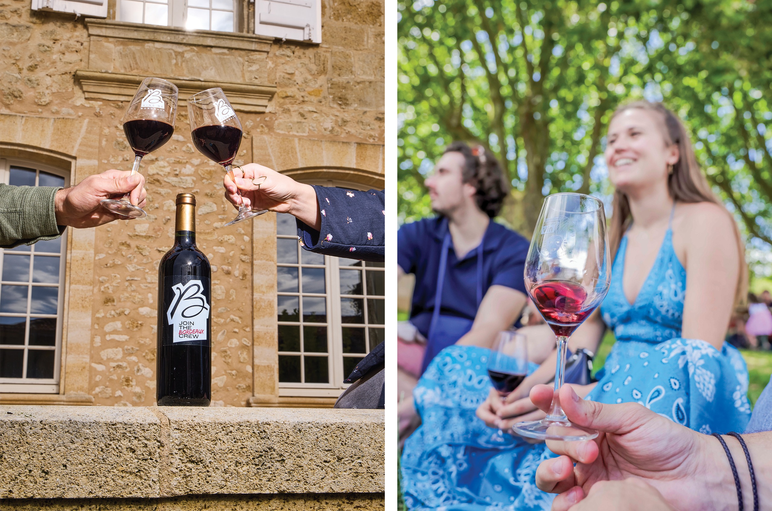 Two pictures: one of two hands holding glasses over a bottle of red wine, and one of a hand with a glass of red wine in front of a young woman in a blue dress