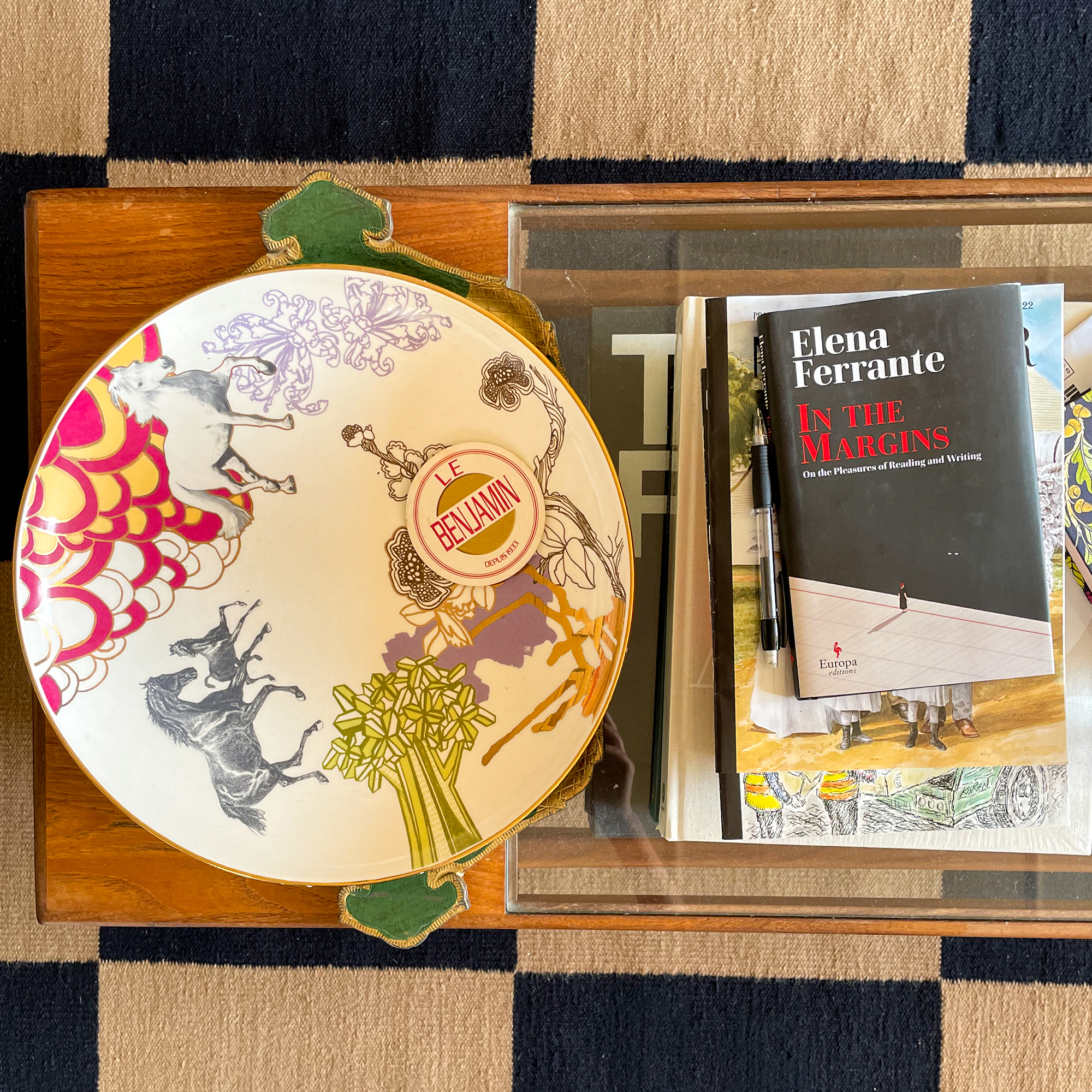 patterned plate on a coffee table