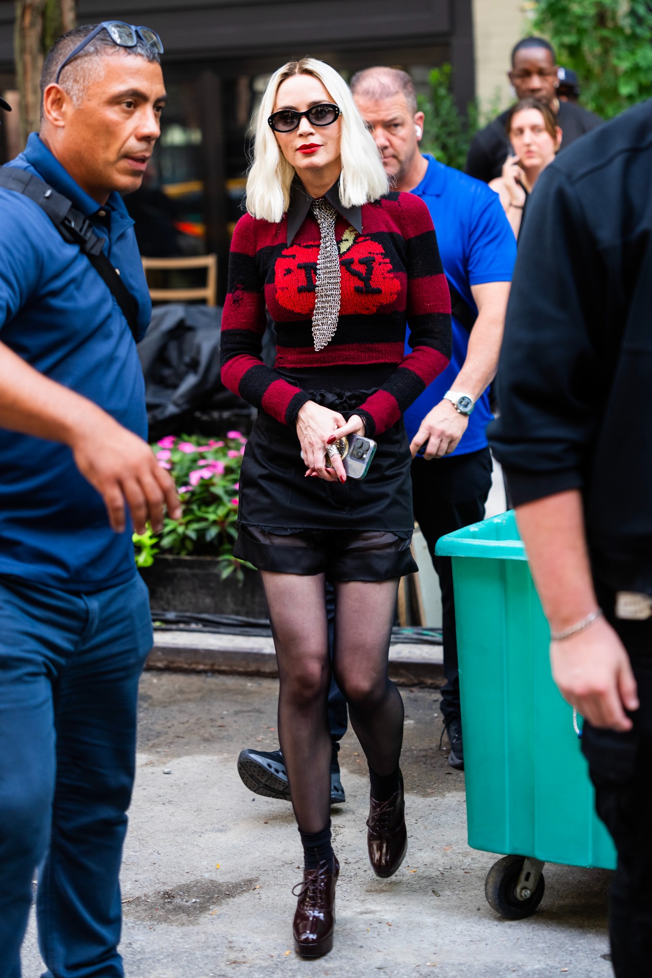 Emily Blunt is seen filming 'The Devil Wears Prada 2' in the Upper East Side on August 14, 2025 in New York City. She has platinum blonde hair.