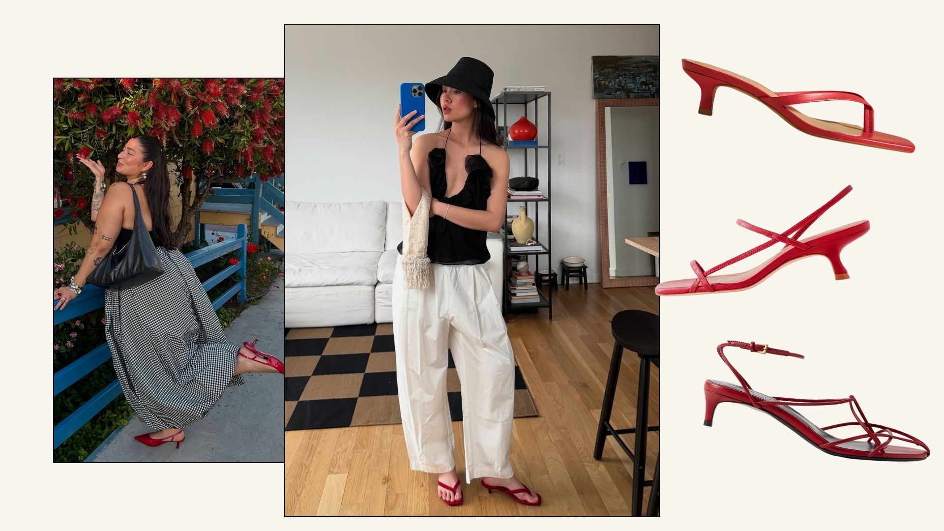 Influencer wears red kitten heels with gingham maxi skirts and white cotton trousers.