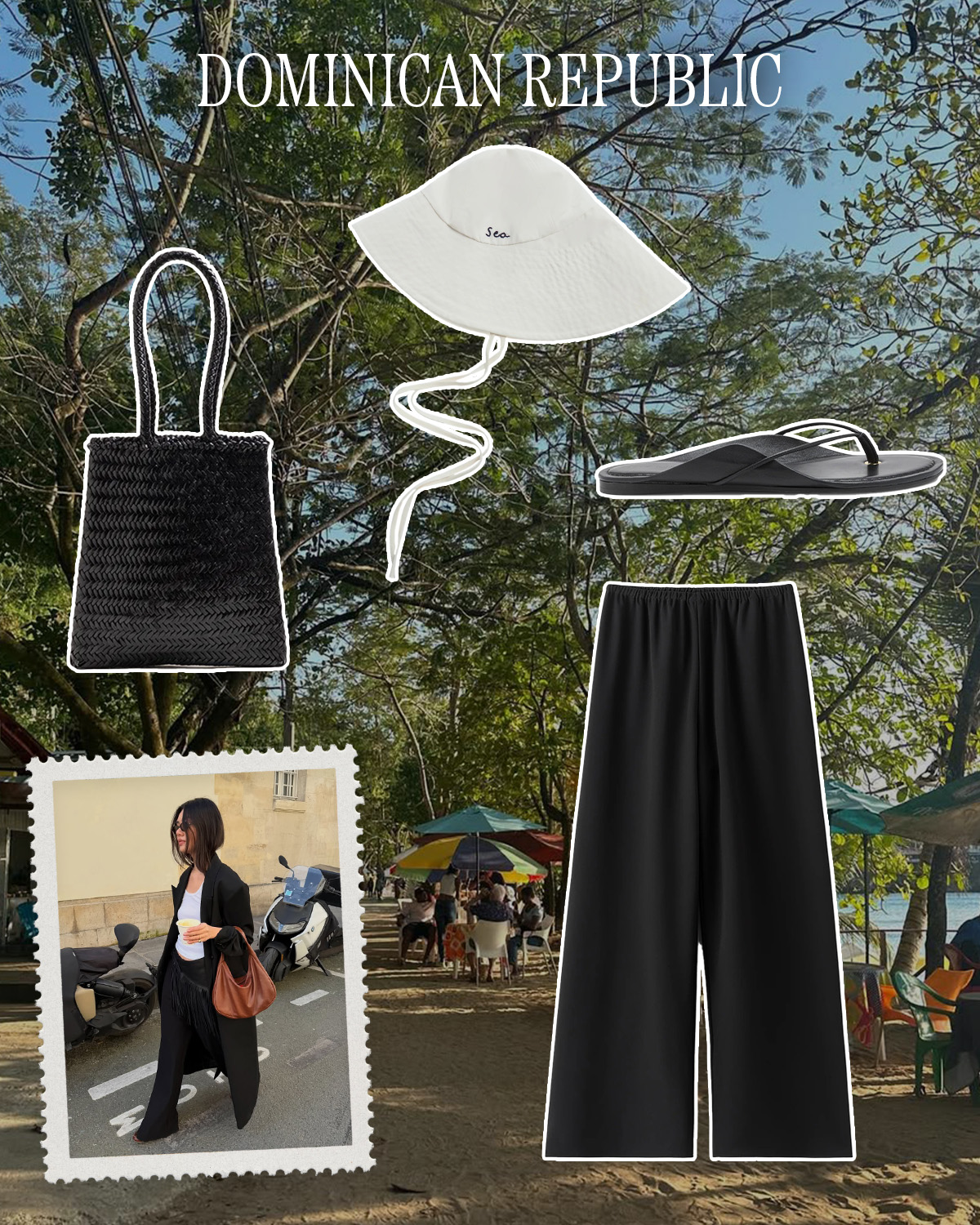 a collage of stylist and tastemaker outfits with vacation destination imagery and products featuring what to pack there