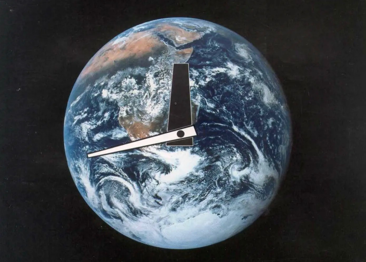 An artistic depiction of the Earth with a clock face overlaid on the African continent, with the minute hand positioned just before midnight.